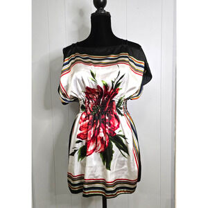 VTG NWOT Topia Womens XL Y2K 90s Tunic Bold Floral Striped Smocked Cinched Waist